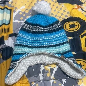 Blue and White Knit Beanie with Pom-Pom